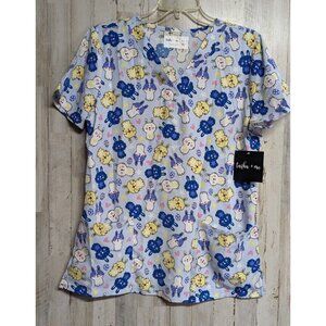 Tasha + Me Women's Small Scrub Top Rabbit Vet Pockets Vneck Short Sleeve NWT